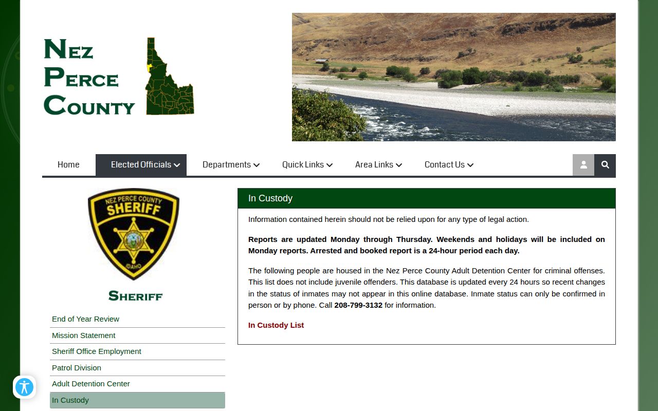 Nez Perce County Adult Detention Center release status and custody report